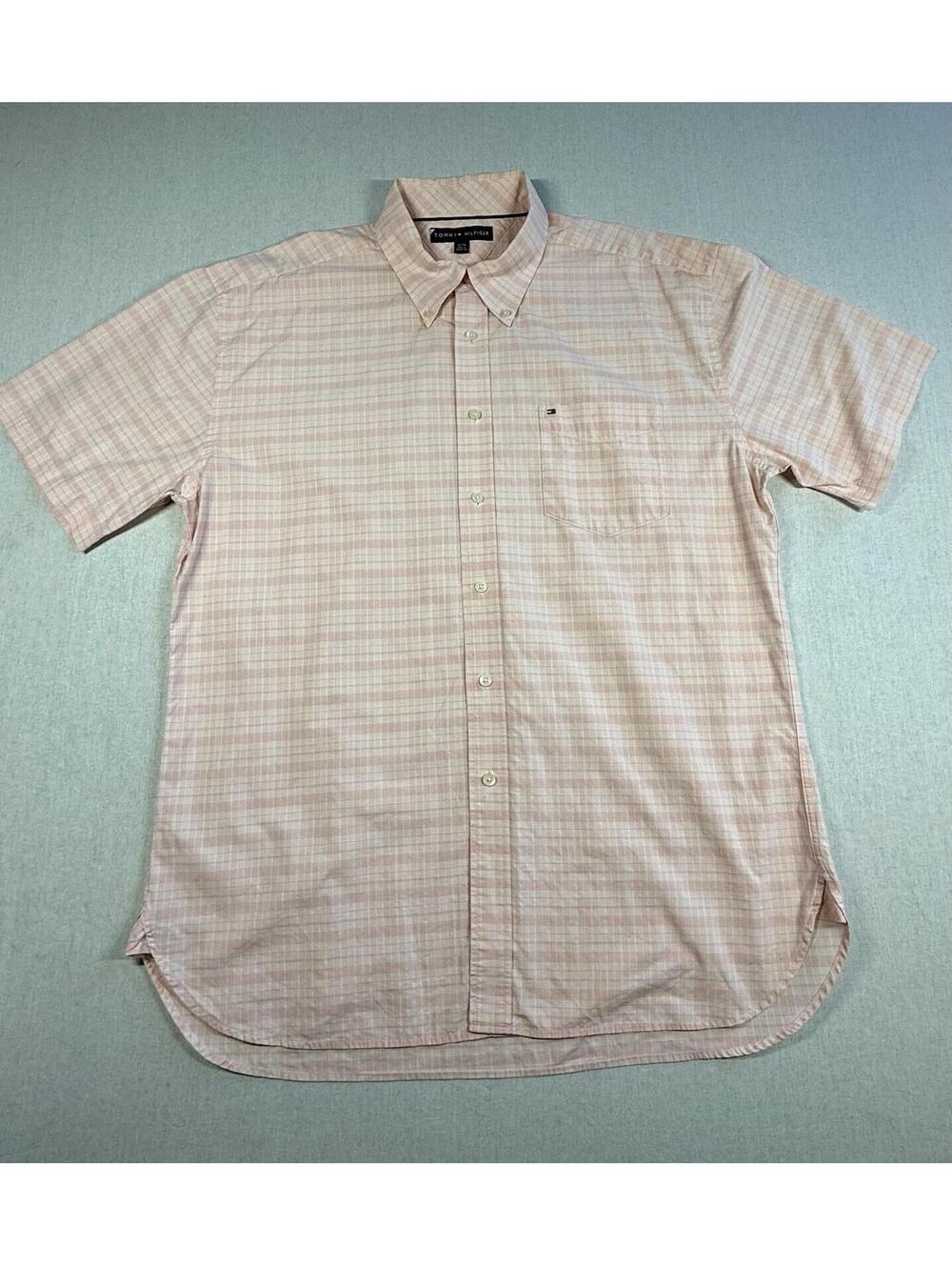 Tommy Hilfiger Short Sleeve Button Down Shirt XL Pink Vintage Striped Cotton